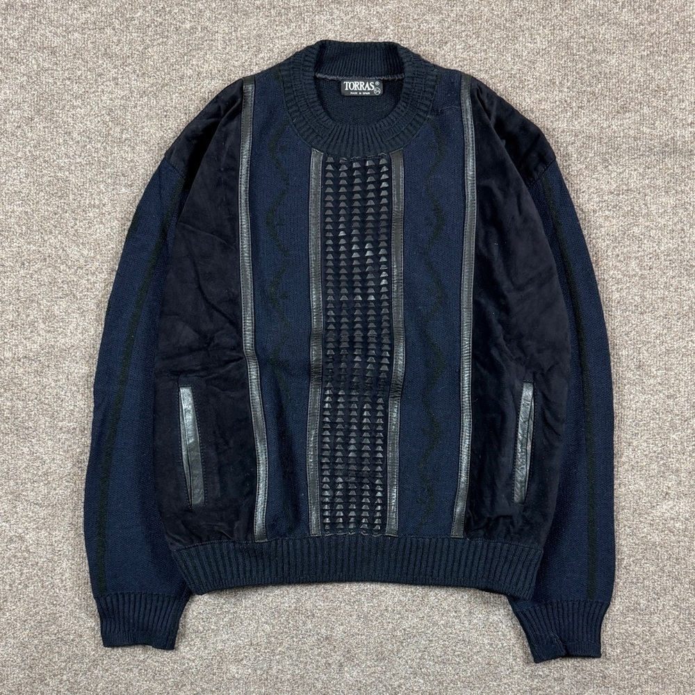 Vintage Torras‎ Navy & Black Wool Knit Leather Suede Heavyweight Sweater Men’s L